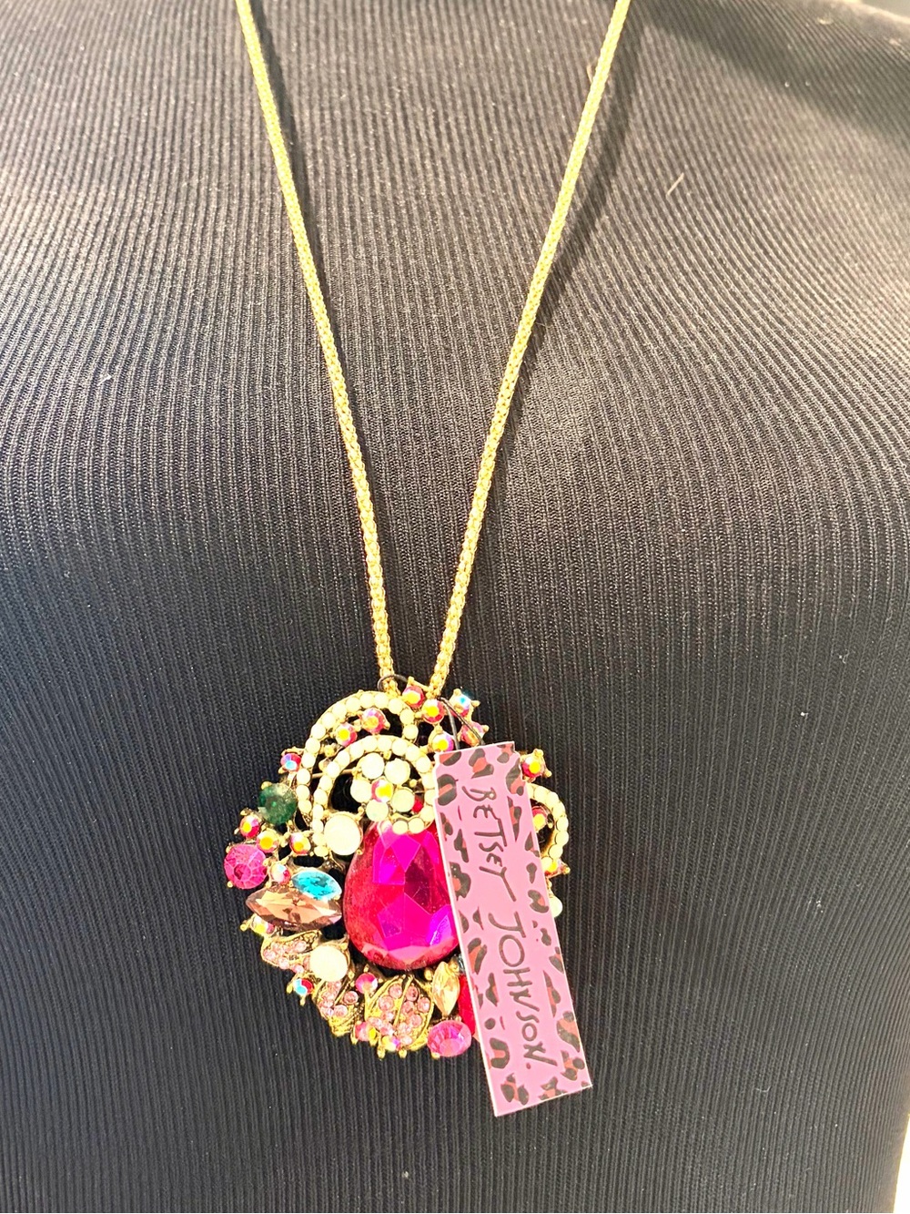Betsey Johnson Sparkling Crystal Flower Pendant Brooch Necklace NWT Long